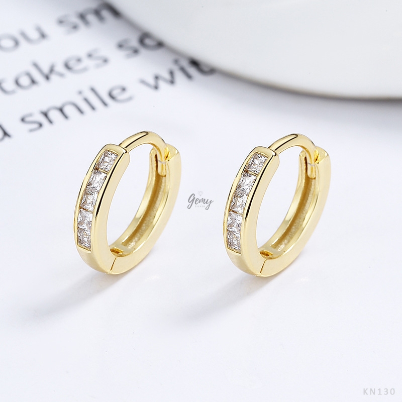 Khuyên tai tròn nam bạc 925 unisex đính đá vuông trơn basic xi vàng trắng/ xi vàng 14k (1 chiếc) KN130 | GEMY SILVER