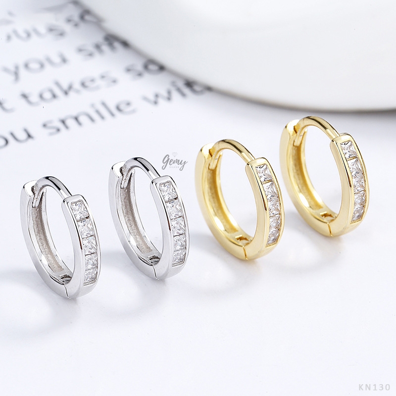 Khuyên tai tròn nam bạc 925 unisex đính đá vuông trơn basic xi vàng trắng/ xi vàng 14k (1 chiếc) KN130 | GEMY SILVER