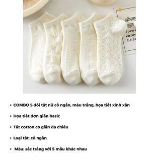 Combo 5 đôi tất vớ nữ cổ ngắn thoáng mát thấm hút tốt chống hôi chân tone trắng xinh xắn DEVARI T632