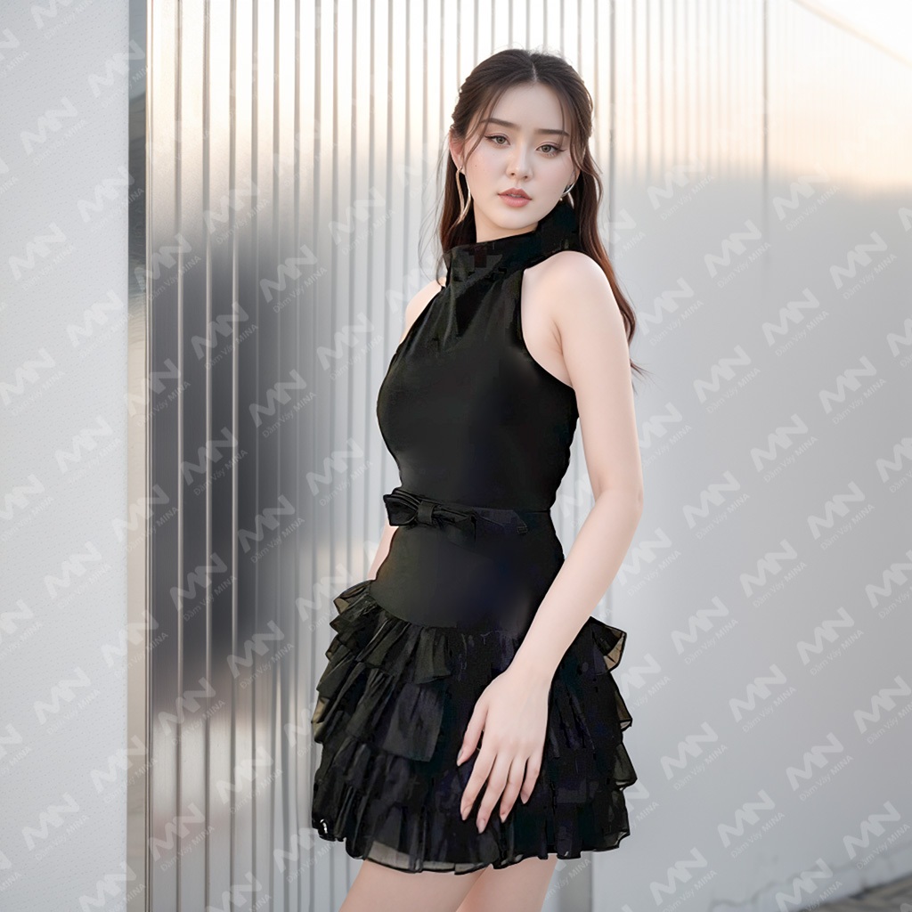 Ảnh Váy tiểu thư MINA hở lưng ôm body xếp tầng ngắn mini thiết kế cổ lọ dự tiệc, đi chơi chất Cotton Nhật MN259 1