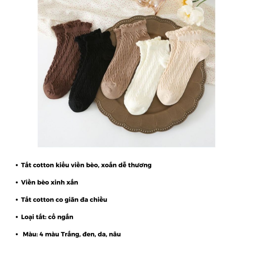 Tất cotton nữ cổ ngắn bèo nhún xinh xắn đáng yêu thấm hút tốt thoáng khí họa tiết basic LANIXA T685