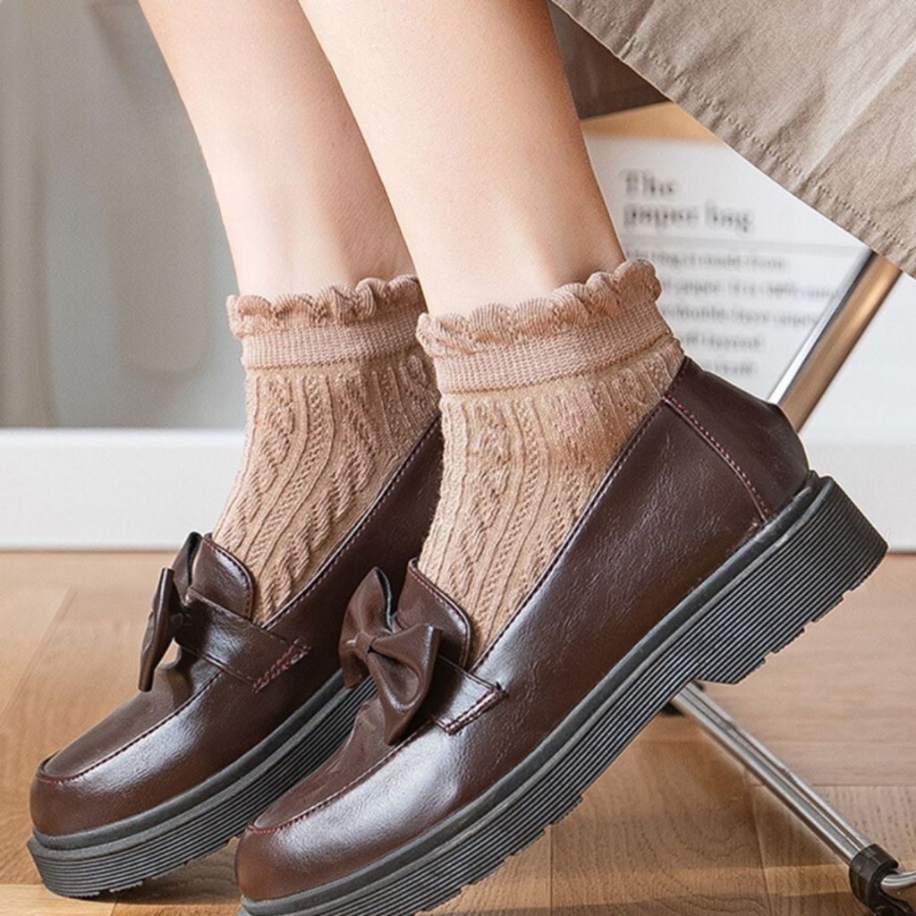 Tất cotton nữ cổ ngắn bèo nhún xinh xắn đáng yêu thấm hút tốt thoáng khí họa tiết basic LANIXA T685
