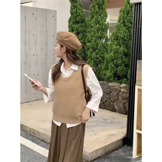 Áo gile len nữ dệt kim màu nâu, be kiểu dáng vintage cổ tròn kẻ sọc ngang chất len dày dặn Deliz Vn