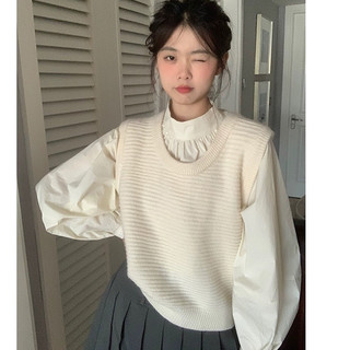 Áo gile len nữ dệt kim màu nâu, be kiểu dáng vintage cổ tròn kẻ sọc ngang chất len dày dặn Deliz Vn