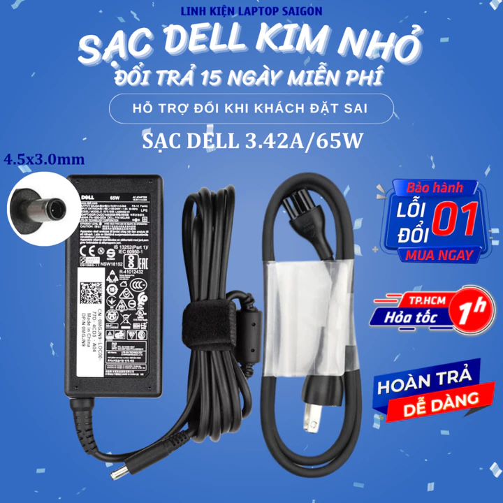 Sạc Laptop Dell Chân nhỏ 19.5V- 3.34A 65W LOẠI TỐT - Sạc Dell Chân nhỏ - Sạc máy tính Dell 19.5V- 3.34A 65W