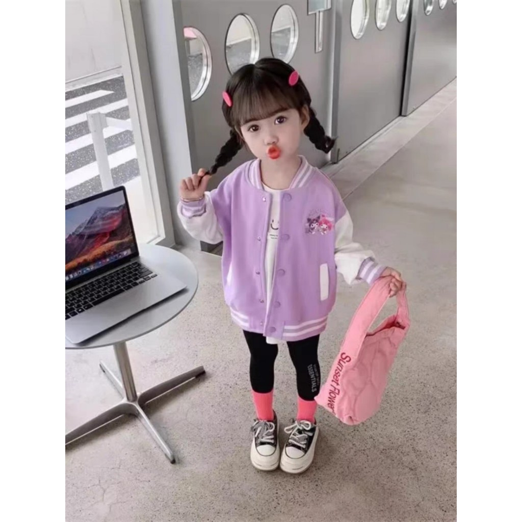 Áo khoác cho bé gái ÁO BOMBER mẫu KUROMI chất nỉ 2 da mùa thu Đông sz 14- 42 kg Áo bé gái