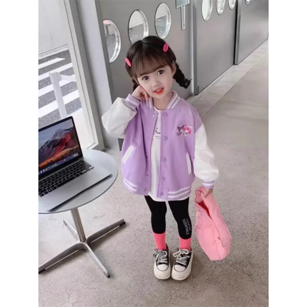 Áo khoác cho bé gái ÁO BOMBER mẫu KUROMI chất nỉ 2 da mùa thu Đông sz 14- 42 kg Áo bé gái