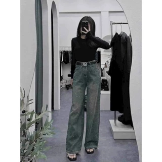 Quần jean nữ ống suông cạp cao đính full đá chất dày mịn washi xanh khói retro QC2688 Hottrend