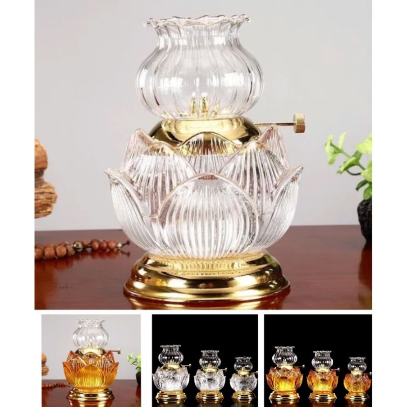 đèn dầu thắp lửa thờ cúng hoa sen pha lê chân đồng