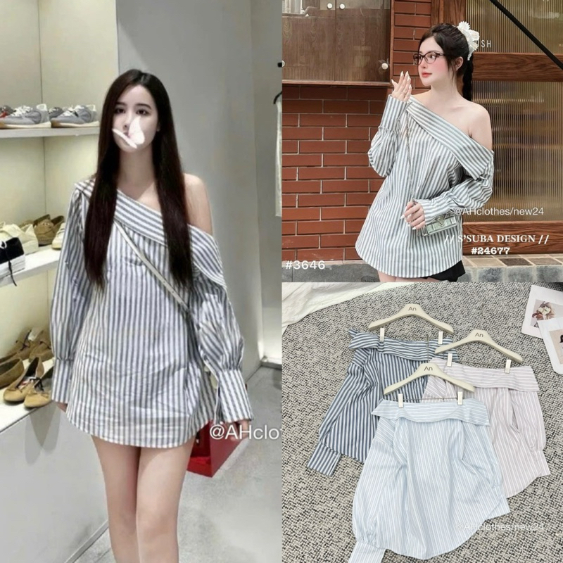 Áo sơ mi kẻ sọc lệch vai form rộng, áo trễ vai tiểu thư, Lipeo.store ...