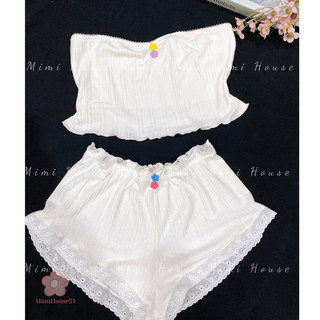 Set đồ ngủ áo tube quần đùi phối bèo dễ thương - handmade by MimiHouse