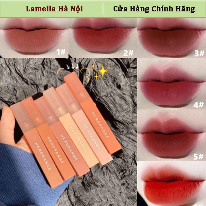 Son Kem Lì HERORANGE Chính Hãng,tone màu đỏ nâu đất,đỏ cam Thân vuông,dài nội địa trung