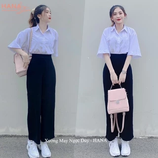 Quần tây ống rộng đi học khóa sườn nữ cạp lưng cao dáng quần vải ống rộng nữ suông dài dày đen học sinh đi học công sở