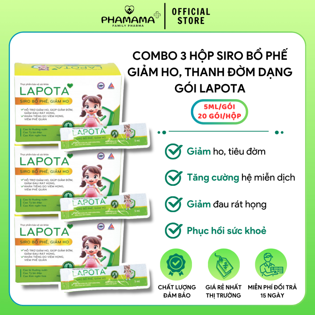 Ảnh Combo 3 hộp siro Lapota dạng gói hỗ trợ bổ phế, thanh đờm, giảm đau họng, tăng cường hệ miễn dịch 1