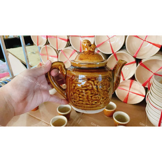 Bộ Bình Trà Nâu Cổ Kèm Ly Trà Nâu Cổ - Gốm Xưa Lái Thiêu Nam Bộ Cho Người Hoài Niệm