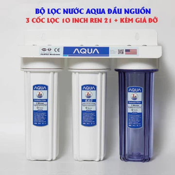 Bộ 3 Cốc 10 inch Lọc Nước Lắp Sẵn Dùng Tiền Lọc Cho Máy ion kiềm, nước sinh hoạt có kèm lõi lọc, tay tháo và cút nối