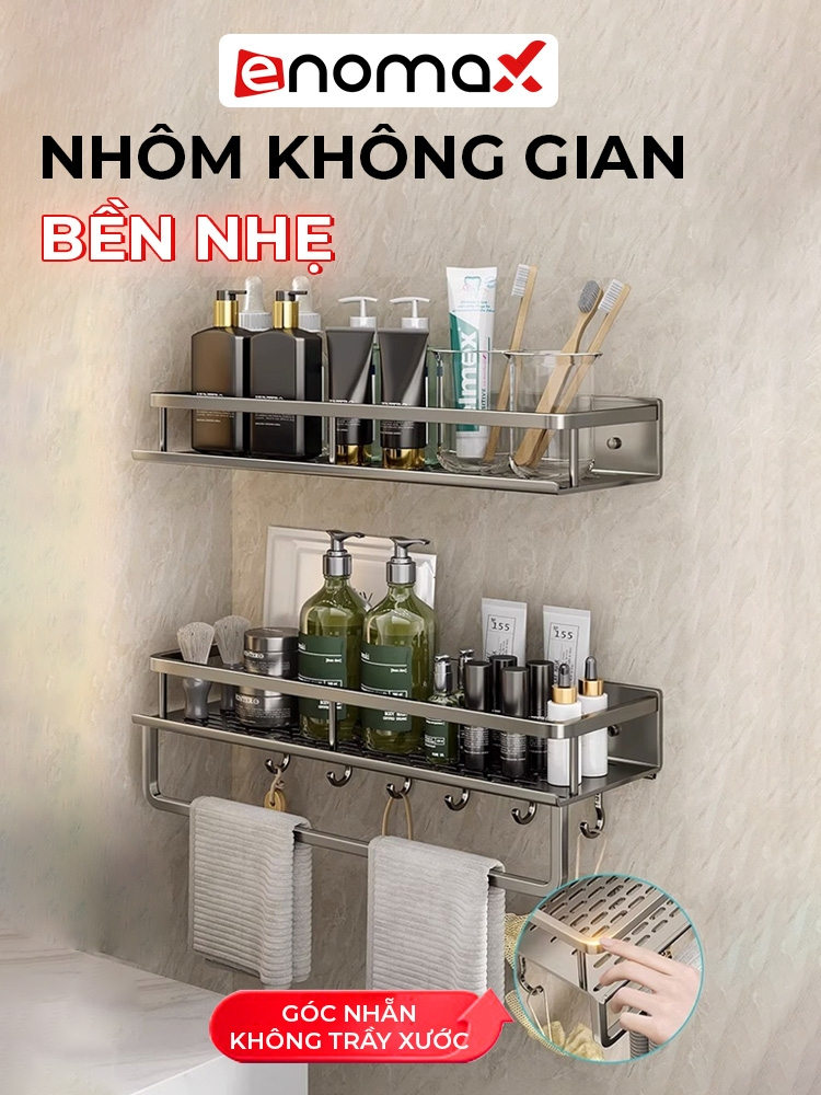 Ảnh Kệ nhà tắm Enomax dán tường  để đồ đa năng, đựng mỹ phẩm, dầu gội... Nhôm hàng không cao cấp. Bảo Hành 10 Năm (Eno 0112) 4