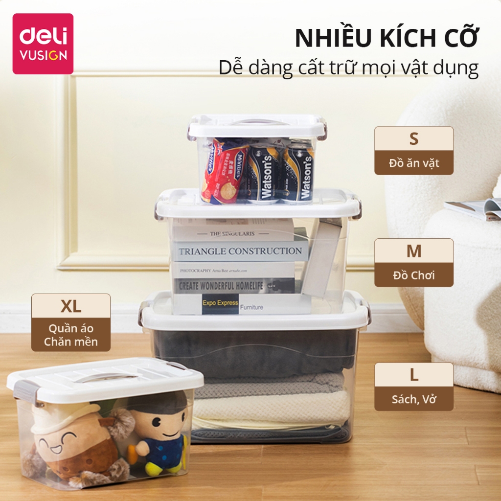 [NEW] Hộp Nhựa Đựng Đồ Trong Suốt Có Nắp Gài DELI - Thùng Nhựa Đa Năng Quần Áo, Đồ Chơi Sách