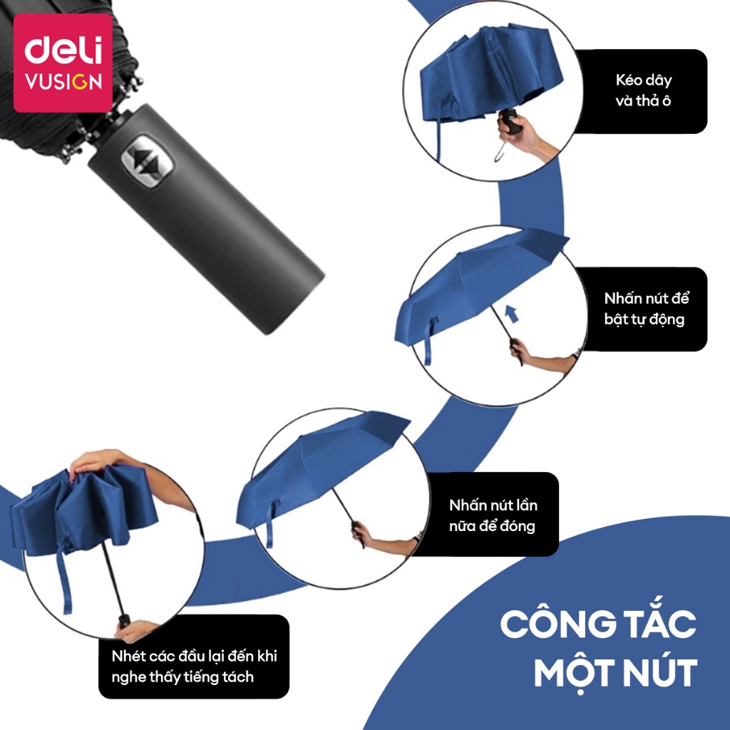 Ô Dù Che Mưa Đi Nắng Tự Động DELI 12 Nan Đôi ĐK 106 cm Chống UV Nút Đóng/Mở Thông Minh Nhiều Màu