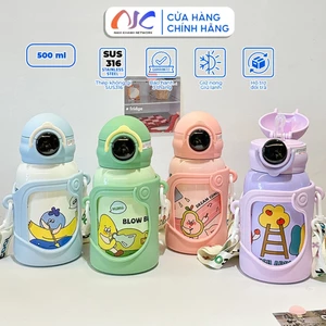 Bình Giữ Nhiệt Inox 316 Dễ Thương Tặng Kèm Dây và Đầu Hút, Gioăng Silicone Chống Trào NK56