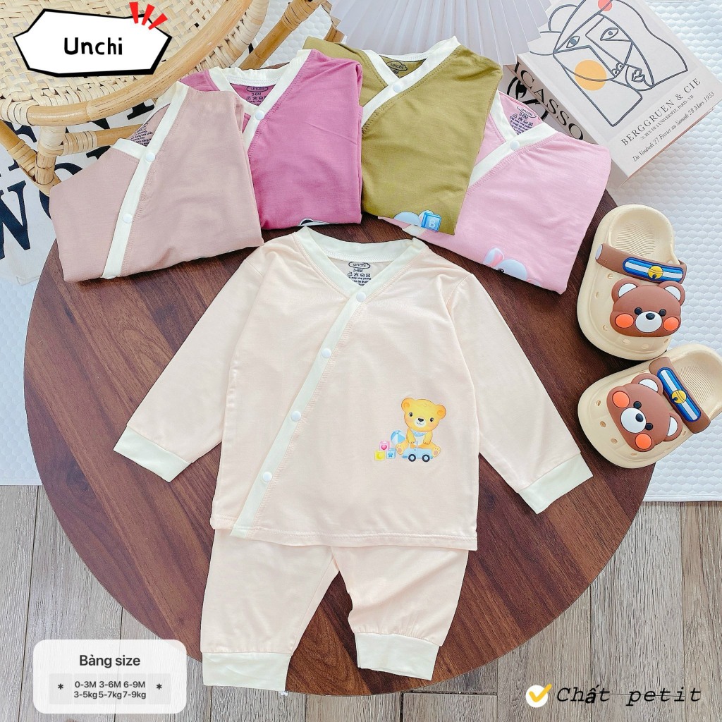 [Peptit loại 1] [Mềm-Mịn-Mát] Bộ quần áo dài tay Unchi peptit mềm mịn dáng Kimono cho bé sơ sinh 0-9m HD02 - 3SBABY