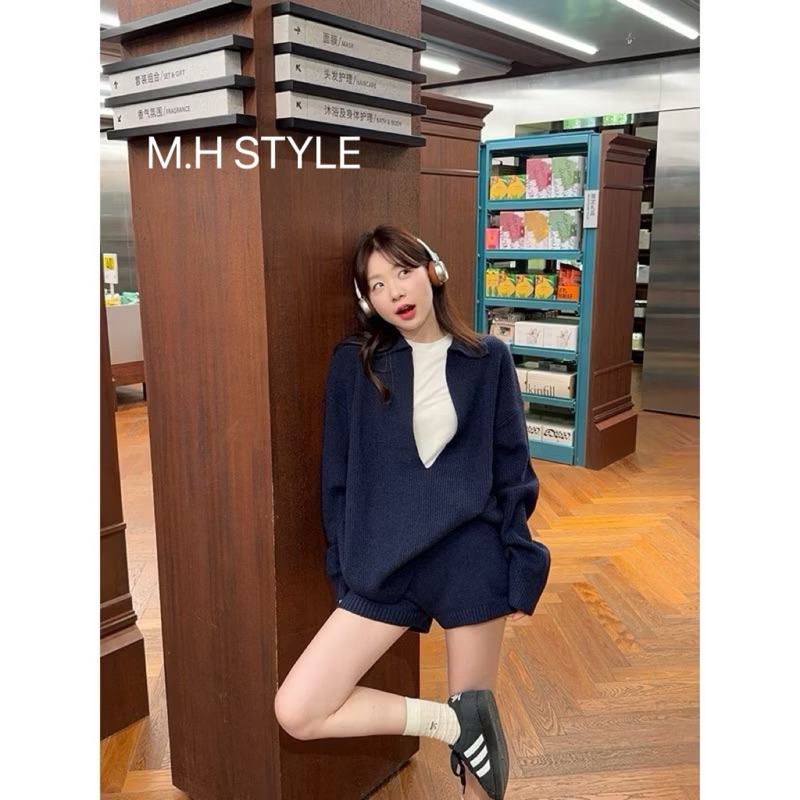 M.H STYLE ORDER  (SẴN XÁM) Phong cách lười biếng cổ chữ V thiết kế đơn giản retro len dệt
