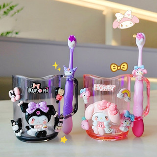 Cốc Uống Nước Kèm Bàn Chải Đánh Răng Cho Bé Hình Kuromi, Chất Liệu Nhựa PP Trong Suốt Tặng Sticker Nhân Vật Hoạt Hình