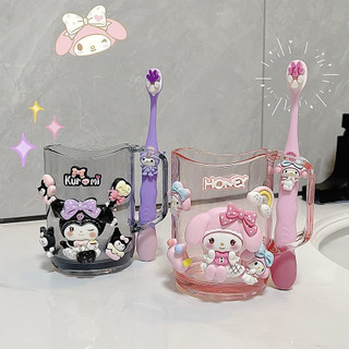 Cốc Uống Nước Kèm Bàn Chải Đánh Răng Cho Bé Hình Kuromi, Chất Liệu Nhựa PP Trong Suốt Tặng Sticker Nhân Vật Hoạt Hình