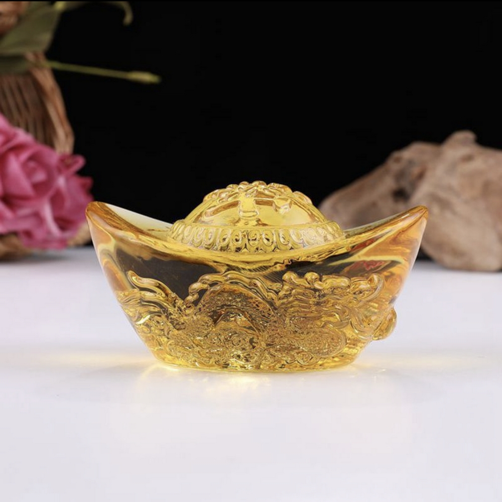 ⭐RƯỚC LỘC⭐ Thỏi vàng thủy tinh pha lê Chạm Rồng tinh tế Cỡ Lớn 50mm - Đỉnh vàng phong thủy may mắn