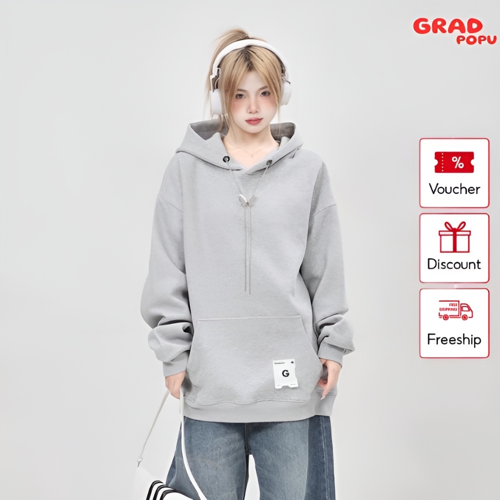 Áo hoodie nữ GRADPOPU PH20 dáng rộng kèm phụ kiện dây cổ, chất nỉ 2 lớp dày dặn có mũ trùm đầu phong cách retro Mỹ
