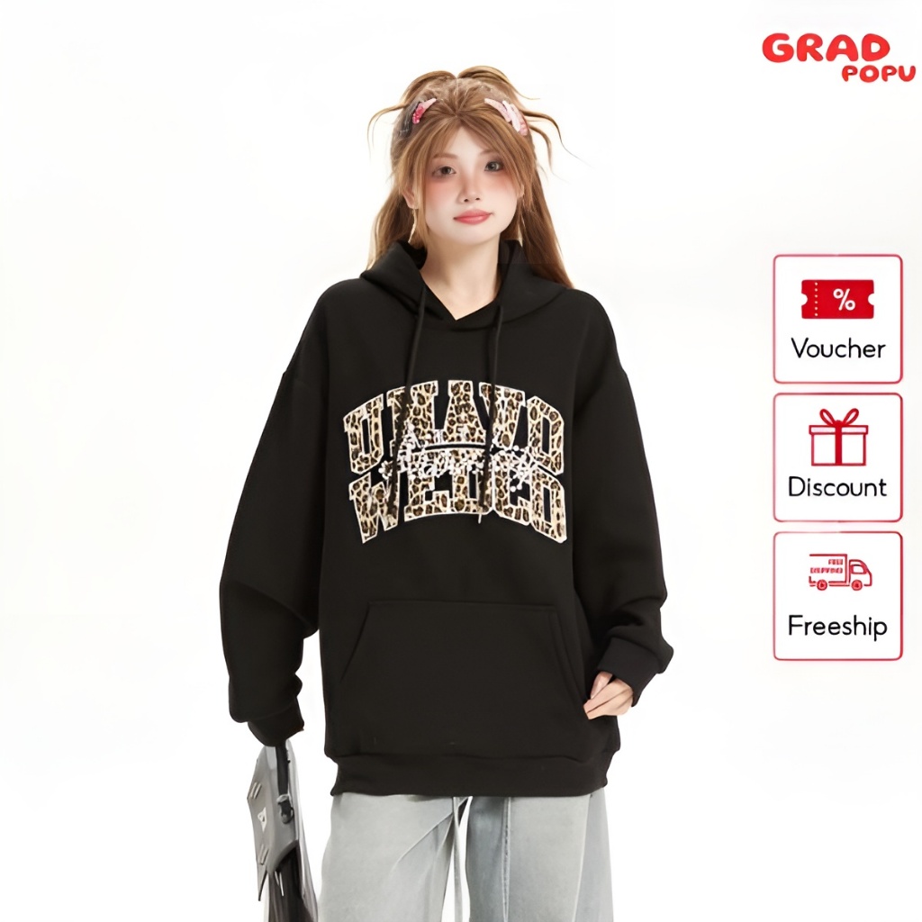 Áo hoodie nữ GRADPOPU PH21 dáng rộng in chữ nổi bật chất nỉ 2 lớp dày dặn có mũ trùm đầu phong cách retro Mỹ