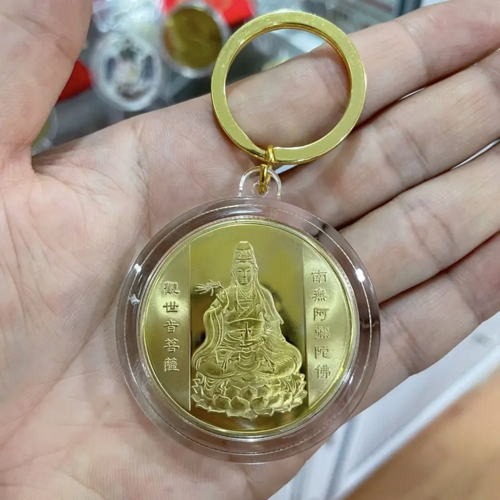Móc khóa Đồng Xu Quan Âm Bồ Tát Phong Thuỷ May Mắn