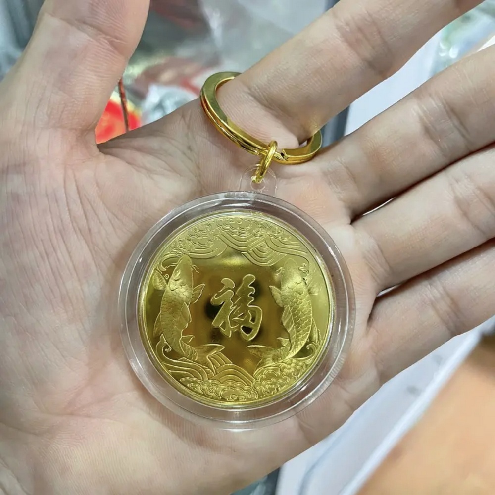 Móc khóa Đồng Xu Quan Âm Bồ Tát Phong Thuỷ May Mắn