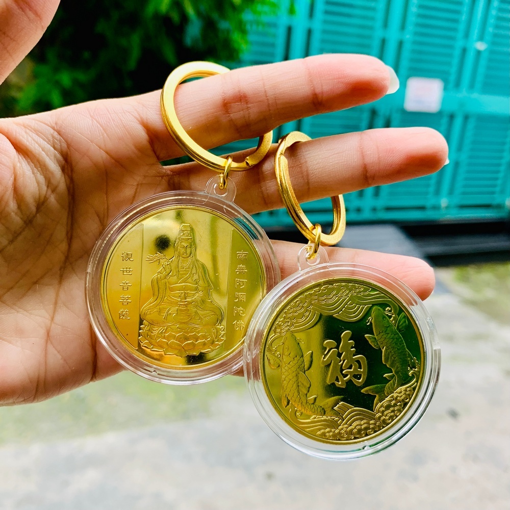 Móc khóa Đồng Xu Quan Âm Bồ Tát Phong Thuỷ May Mắn