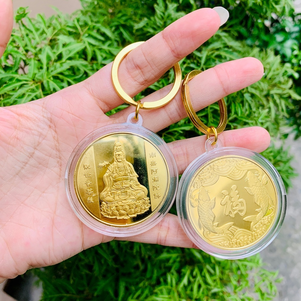 Móc khóa Đồng Xu Quan Âm Bồ Tát Phong Thuỷ May Mắn