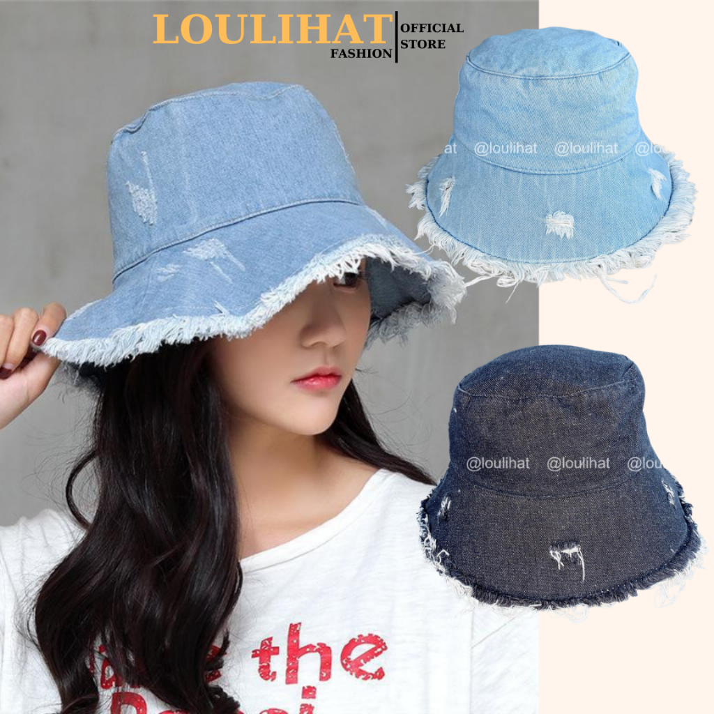 Nón tai bèo tua rua viền rách jean trơn LOULIHAT, mũ bucket chống nắng ...