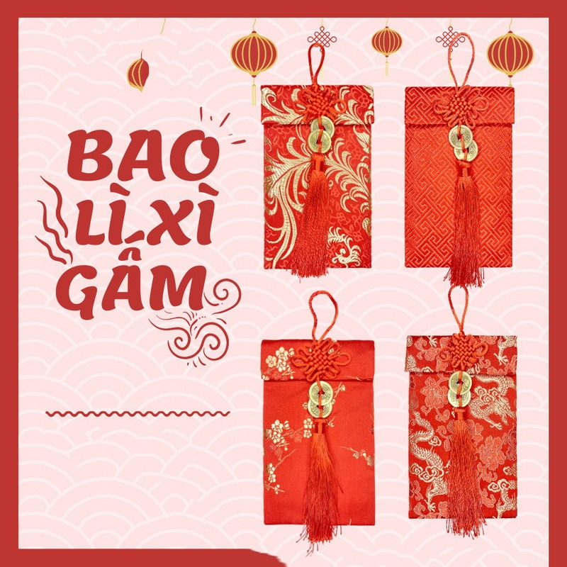 10 bao lì xì thổ cẩm - Bao Lì Xì Vải Gấm Nhiều Hoa Văn Cao cấp Ngày Tết,Cưới Hỏi, Nạp Tài. [ COMBO 10 RỒNG DỌC NGỌC ]