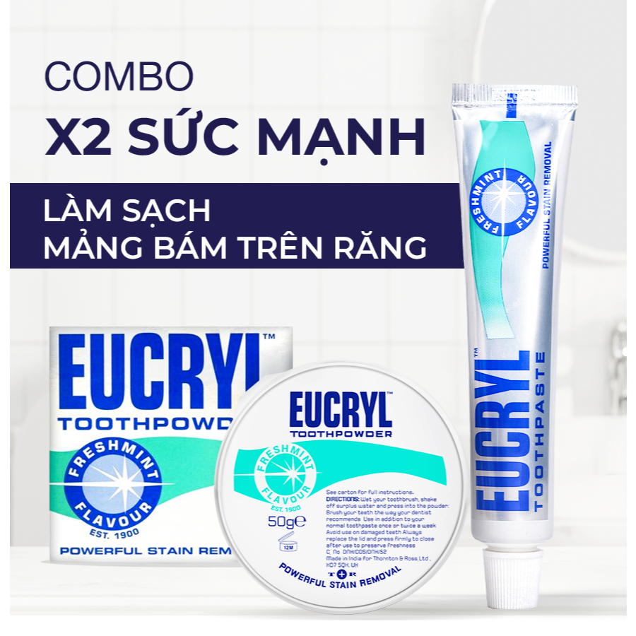 [ Livestream ] Combo Eucryl gồm 2 tuýp kem đánh răng (62gx2) + 1 bột đánh răng (50g) giúp làm sạch và trắng khỏe răng