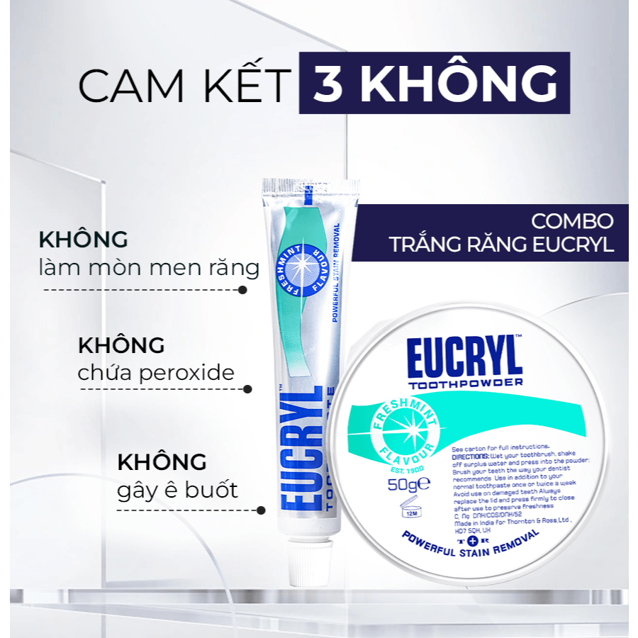 [ Livestream ] Combo Eucryl gồm 2 tuýp kem đánh răng (62gx2) + 1 bột đánh răng (50g) giúp làm sạch và trắng khỏe răng
