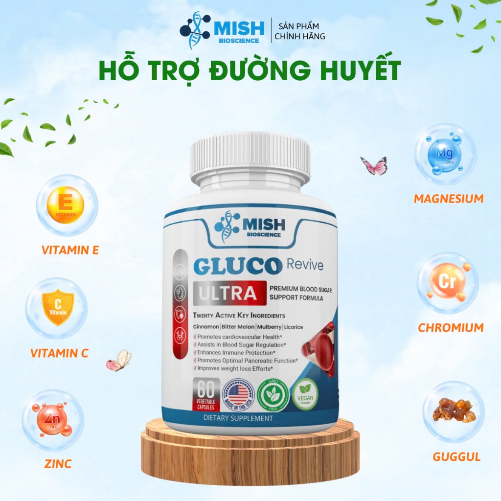 MishBio Gluco Revive Ultra Hỗ Trợ Đường Huyết Với 20 Loại Thảo Mộc Và Vitamin Tự Nhiên