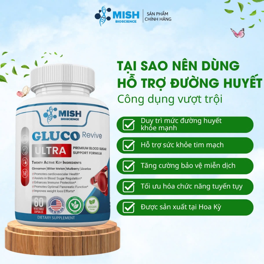 MishBio Gluco Revive Ultra Hỗ Trợ Đường Huyết Với 20 Loại Thảo Mộc Và Vitamin Tự Nhiên