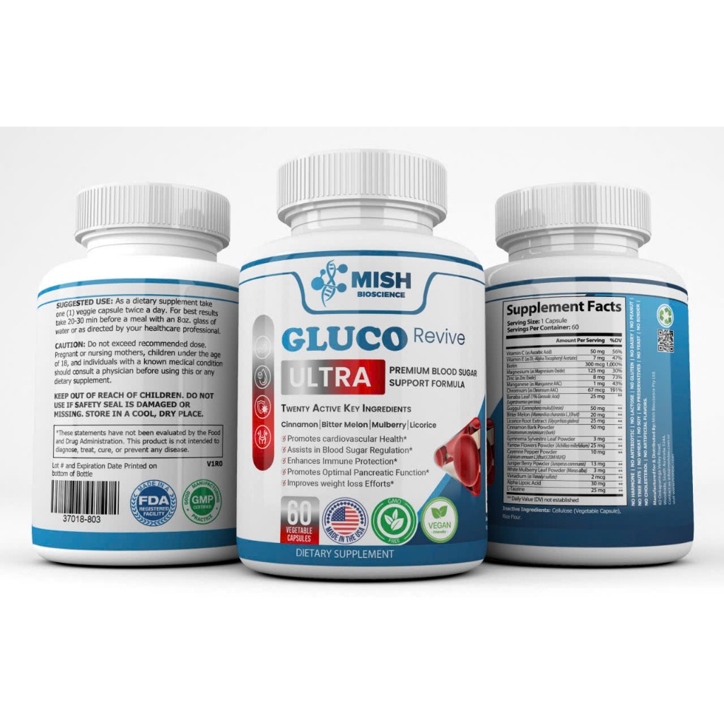 MishBio Gluco Revive Ultra Hỗ Trợ Đường Huyết Với 20 Loại Thảo Mộc Và Vitamin Tự Nhiên
