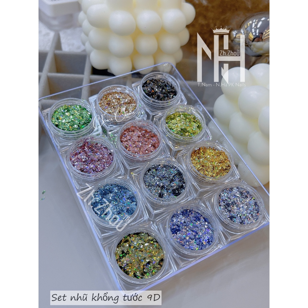 Set nhũ 12 màu siêu sáng, set nhũ trang trí móng cao cấp, phụ kiện nail chính hãng, nhũ 9D, nhũ ẩn gel