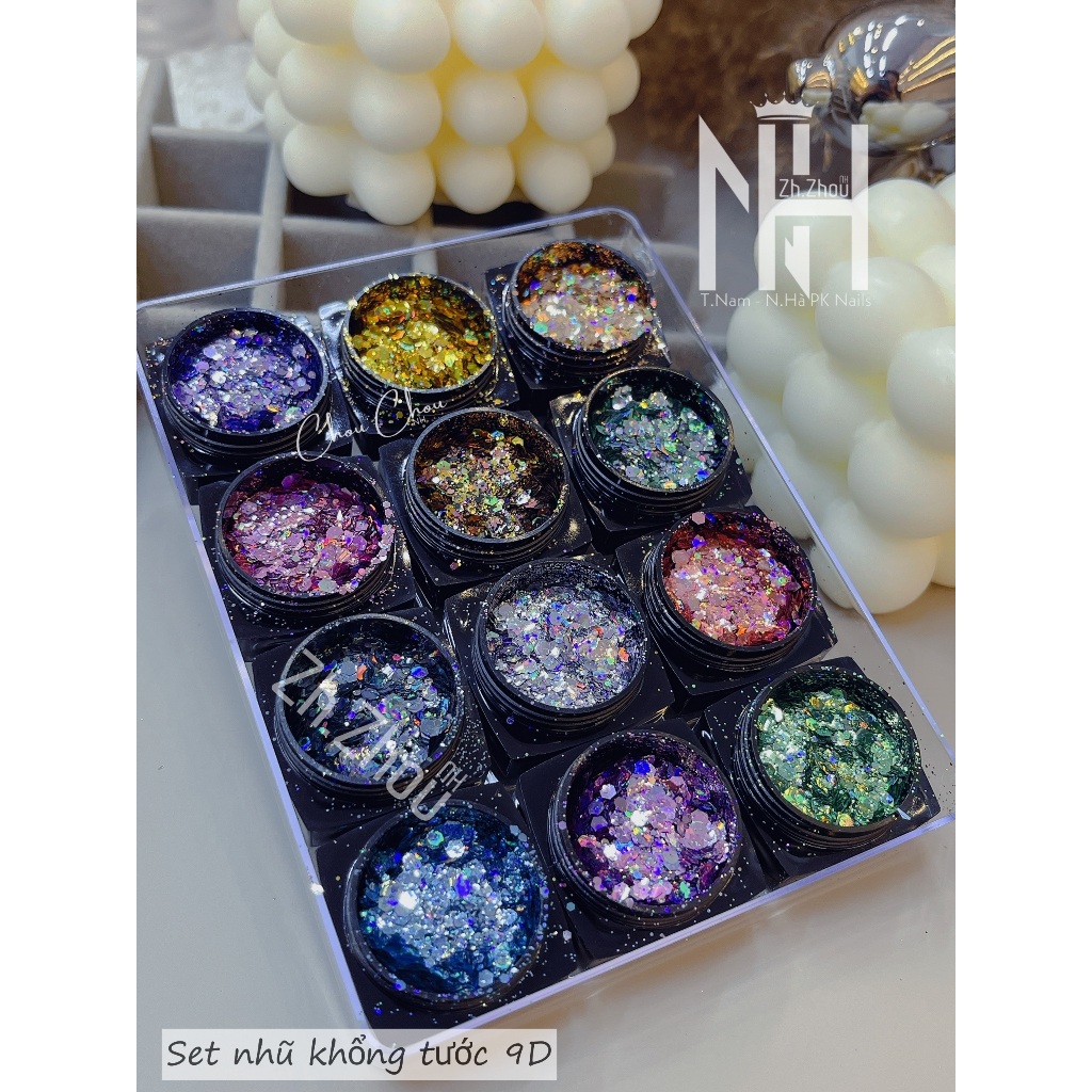 Set nhũ 12 màu siêu sáng, set nhũ trang trí móng cao cấp, phụ kiện nail chính hãng, nhũ 9D, nhũ ẩn gel