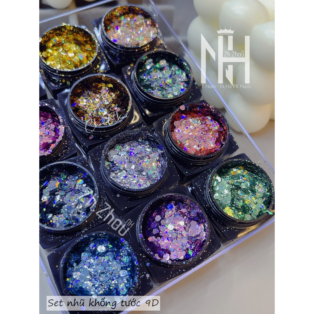 Set nhũ 12 màu siêu sáng, set nhũ trang trí móng cao cấp, phụ kiện nail chính hãng, nhũ 9D, nhũ ẩn gel
