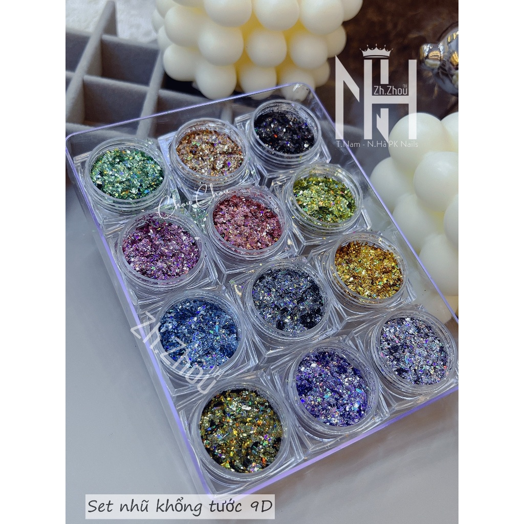 Set nhũ 12 màu siêu sáng, set nhũ trang trí móng cao cấp, phụ kiện nail chính hãng, nhũ 9D, nhũ ẩn gel