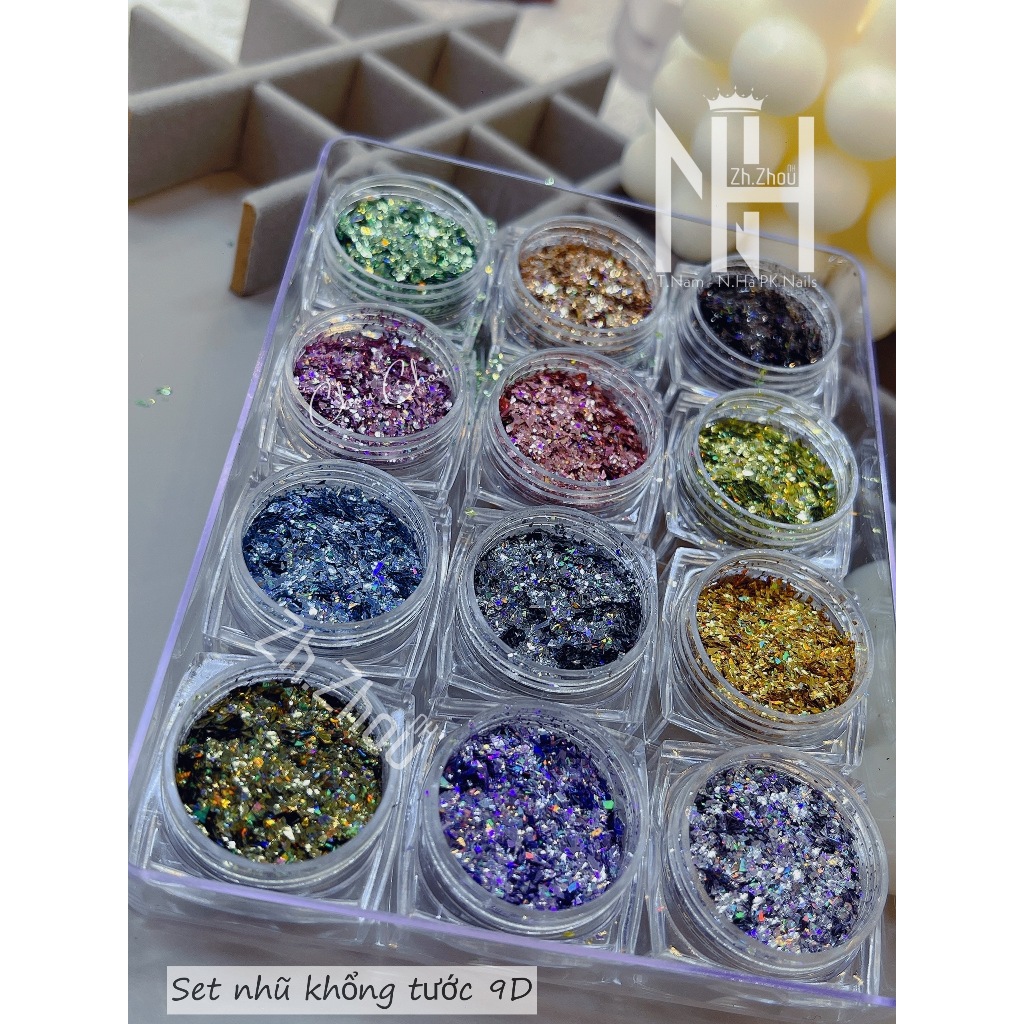 Set nhũ 12 màu siêu sáng, set nhũ trang trí móng cao cấp, phụ kiện nail chính hãng, nhũ 9D, nhũ ẩn gel