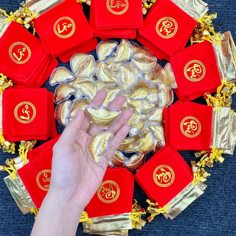 [HỎA TỐC] Thỏi Vàng Thần Tài Lộc kèm Túi Nhung Phúc Lộc may mắn, trưng bày biếu tặng, lì xì độc đáo , Quà Tết