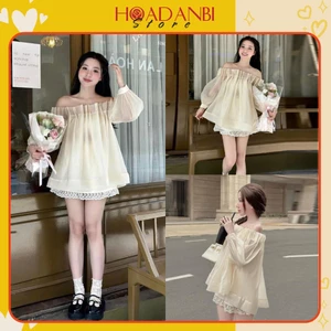Set Váy Trễ Vai Tay Phồng Kèm Chân Váy Phối Ren Hàng May 2 Lớp có bảo hộ sẵn hàng kèm video