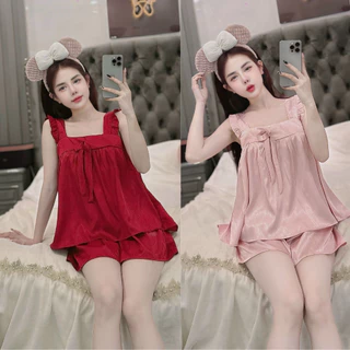 Bộ ngủ nữ hai dây đùi, đồ ngủ pijama cánh tiên chất lụa xước ánh kim cao cấp mềm mịn phong cách tiểu thư CARY